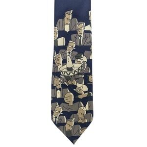 Vintage 90s Claude Montana Silk Tie Navy Blue Graphic Theater Crowd Print Italy